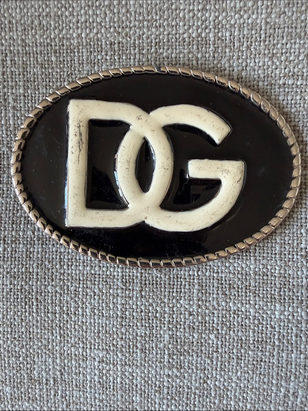 Vintage Oval "DG" Logo Belt Buckle Black & Off-White Enamel Rope Trim